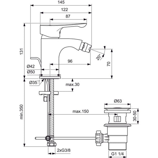 Ideal Standard - Bidetarmatur ALPHA, m.Ablgarn., Ausladung 96mm, Chrom