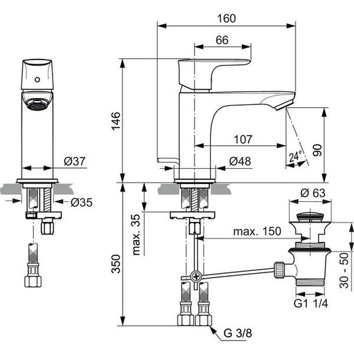 Ideal Standard - WT-Armatur CONNECT AIR, Slim, 5l/min, m.Ablgarn., Ausld.107mm, Sundance gold