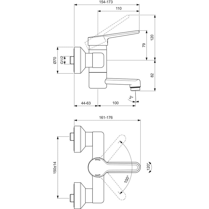 Ideal Standard - Wand-WT-Armatur CERAPLUS 2 5l/min., Ausld. 144-163mm, Chrom