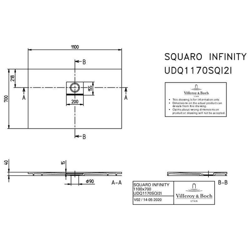 VILLEROY & BOCH - Duschwanne Squaro Infinity 1100x700x40mm re-eckig Anthracite