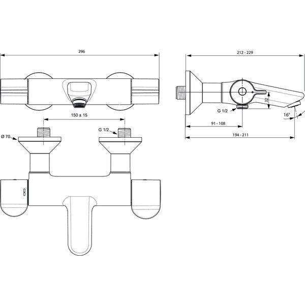 Ideal Standard - Badethermostat AP CERAPLUS 2 Ausld.194-211mm,absp.S-Anschlüsse, Chrom