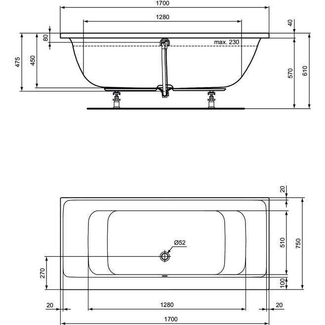 Ideal Standard - Duo-Badewanne CONNECT AIR, 1700x750x475mm, Weiß