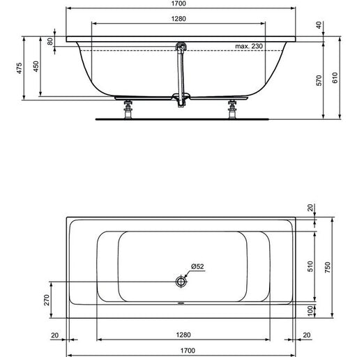 Ideal Standard - Duo-Badewanne CONNECT AIR, 1700x750x475mm, Weiß