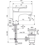 Ideal Standard - Waschtischarmatur ALPHA, m.Ablgarn. aus Kunststoff, Ausld.115mm, Chrom