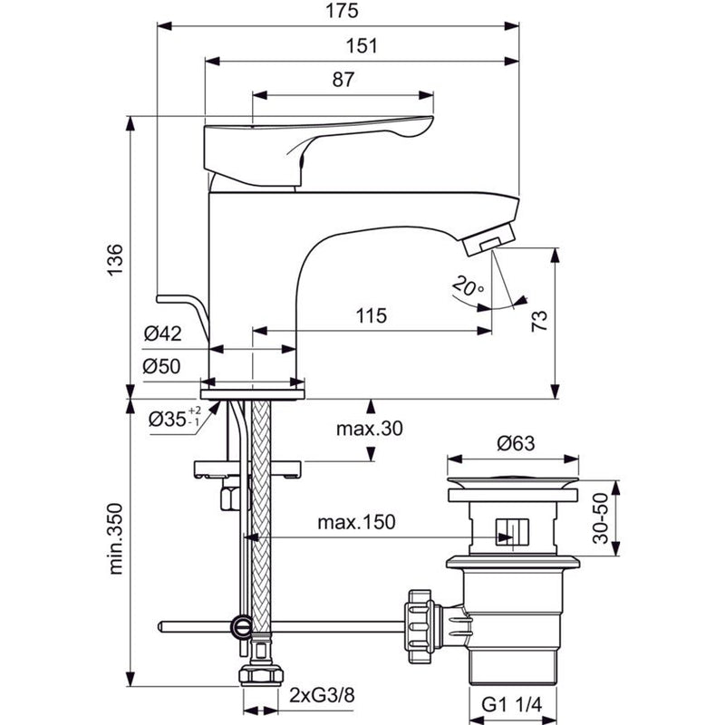 Ideal Standard - Waschtischarmatur ALPHA, m.Ablgarn. aus Kunststoff, Ausld.115mm, Chrom
