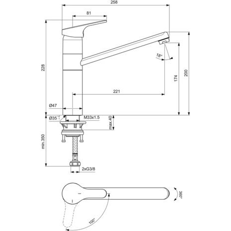 Ideal Standard - Küchenarmatur CERAFIT mit hohem Rohrausl., Ausld.221 mm, Chrom