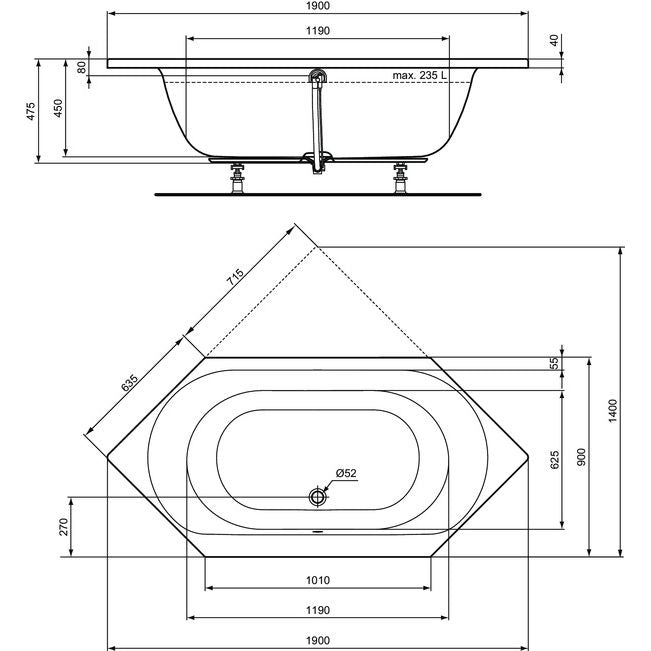 Ideal Standard - Sechseck-Badewanne CONNECT AIR, 1900x900x475mm, Weiß