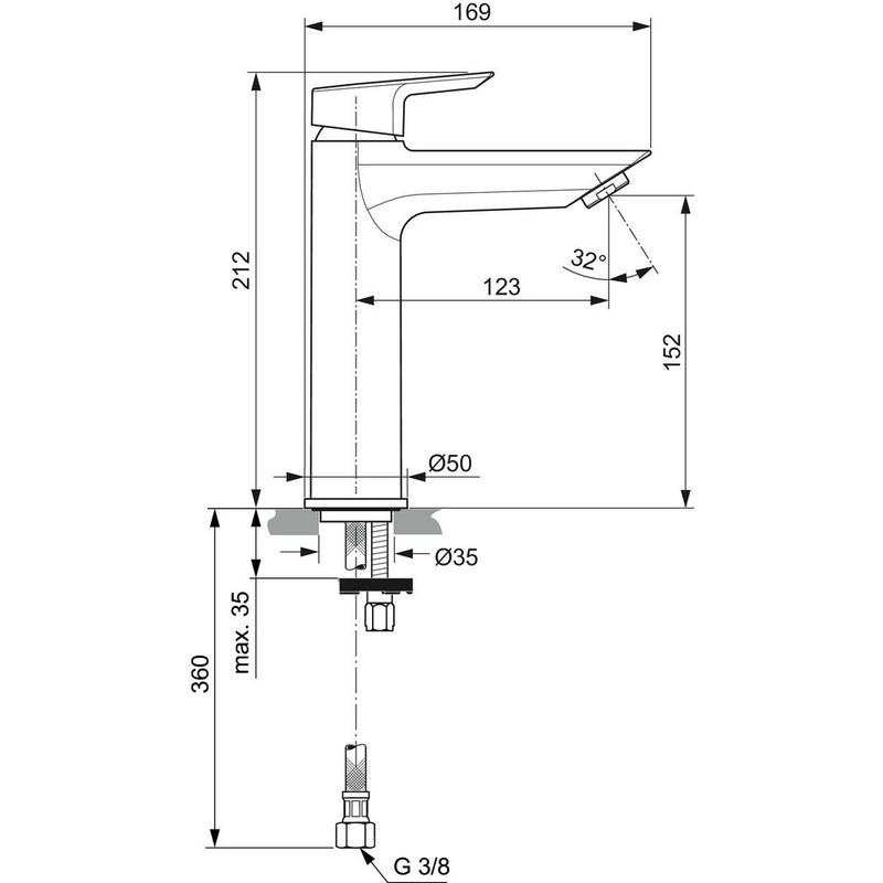 Ideal Standard - WT-Armatur TESI, Grande, BlueStart, 5 l/min., o.Ablgarn., Ausld.123mm, Chrom