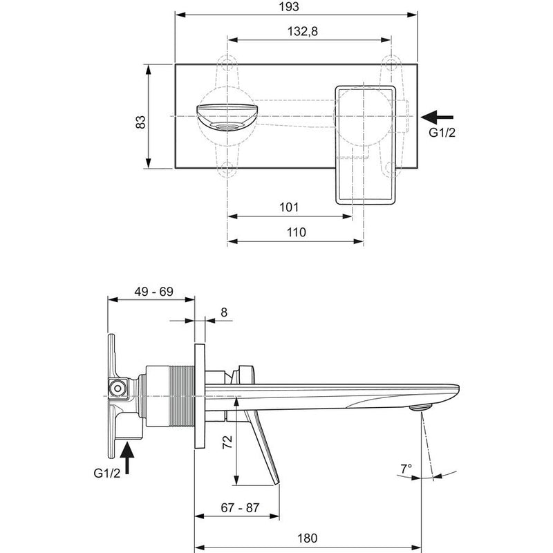 Ideal Standard - Wand-Waschtischarmatur CONCA, BS2, eckige Rosette, Ausld.180mm,Brushed Gold