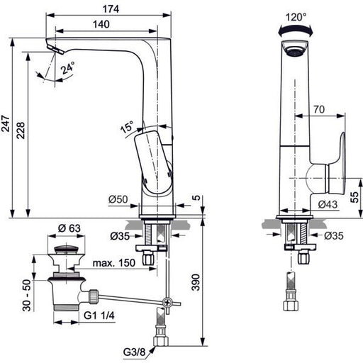 Ideal Standard - WT-Arm.CONNECT AIR,5l/min,m.Ablgarn., m.h.schwenkb.Ausl.,Ausld.140mm,Magn.grey