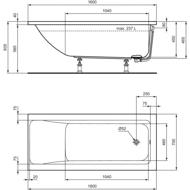 Ideal Standard - Körperform-Badewanne CONNECT AIR, 1600x700x475mm, Weiß