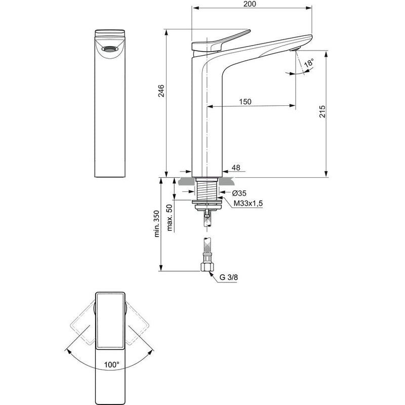 Ideal Standard - WT-Armatur CONCA, m.verl.Sockel, o.Ablgarn., Ausld.150mm, Magnetic grey