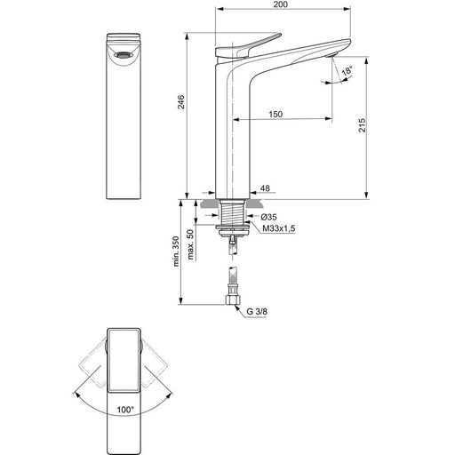 Ideal Standard - WT-Armatur CONCA, m.verl.Sockel, o.Ablgarn., Ausld.150mm, Magnetic grey