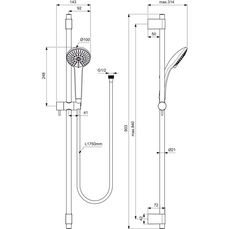 Ideal Standard - Brausekombination 900mm IDEALRAIN PRO B9836 3-Funktionshandbrause 100mm chrom