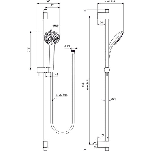 Ideal Standard - Brausekombination 900mm IDEALRAIN PRO B9836 3-Funktionshandbrause 100mm chrom