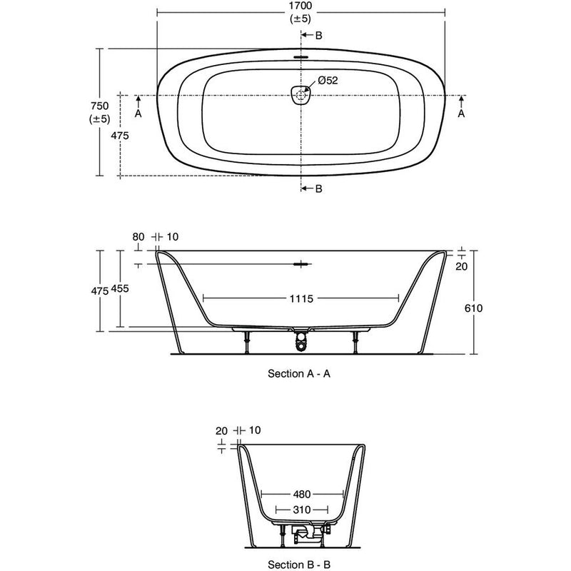 Ideal Standard - Badewanne DEA, freistehend, 1700x750x475/610mm, Weiß