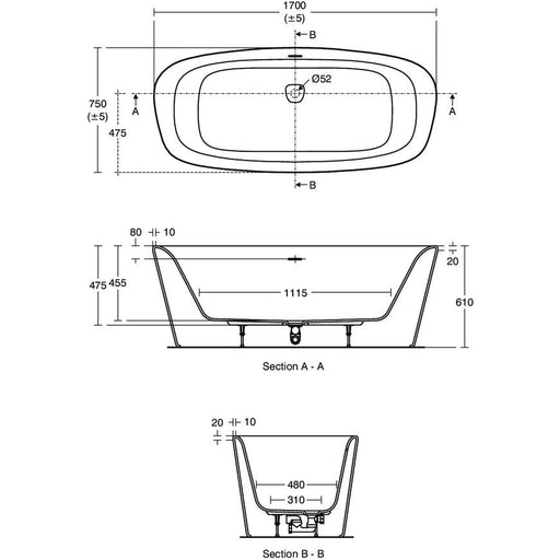 Ideal Standard - Badewanne DEA, freistehend, 1700x750x475/610mm, Weiß