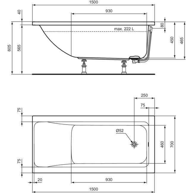 Ideal Standard - Körperform-Badewanne CONNECT AIR, 1500x700x475mm, Weiß