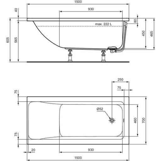 Ideal Standard - Körperform-Badewanne CONNECT AIR, 1500x700x475mm, Weiß