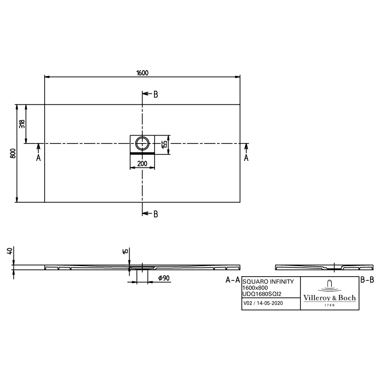 VILLEROY & BOCH - Duschwanne Squaro Infinity 1600x800x40mm re-eckig Grey