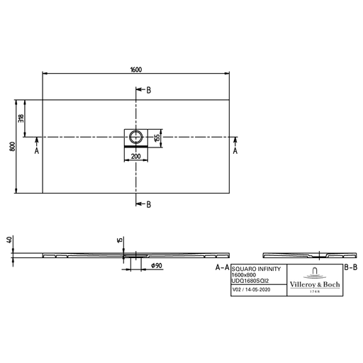 VILLEROY & BOCH - Duschwanne Squaro Infinity 1600x800x40mm re-eckig Grey
