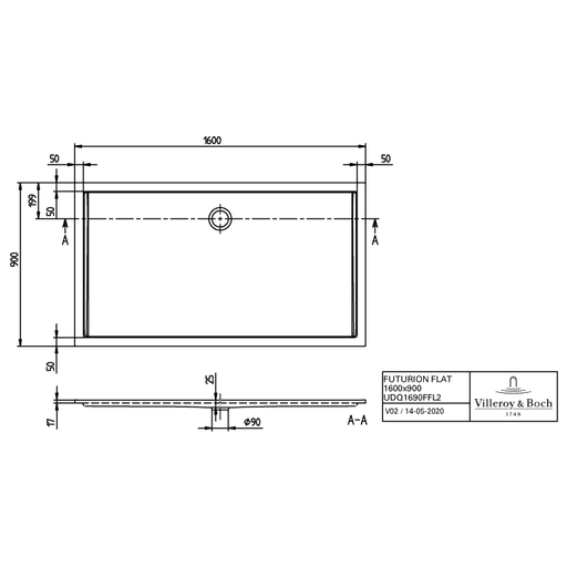 VILLEROY & BOCH - Brausewanne FUTURION FLAT UDQ1690FFL2 1600x900x17 Quaryl weiß