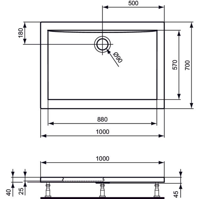 Ideal Standard - Rechteck-Brausewanne Ultra Light 1000x700x45mm Weiß