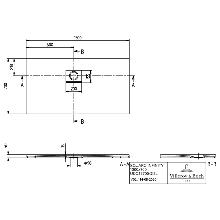 VILLEROY & BOCH - Duschwanne Squaro Infinity 1300x700x40mm re-eckig EB:li Anthracite