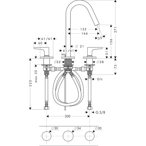 Hansgrohe - 3-Loch WT-Armatur AXOR CITTERIO M 34133000 chrom m.Ros. u.kurzem Auslauf