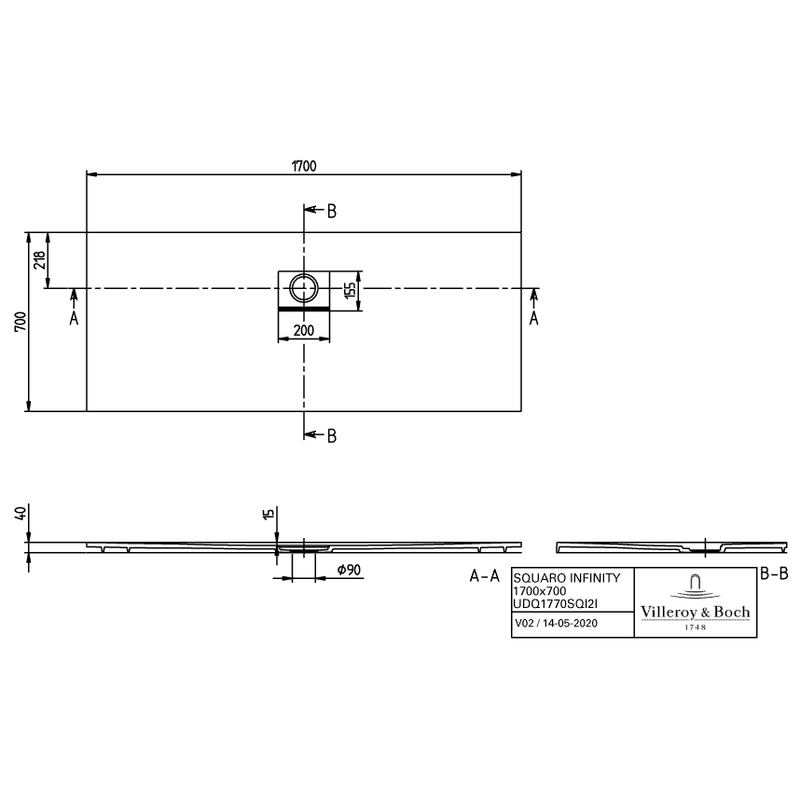 VILLEROY & BOCH - Duschwanne Squaro Infinity 1700x700x40mm re-eckig Stone White