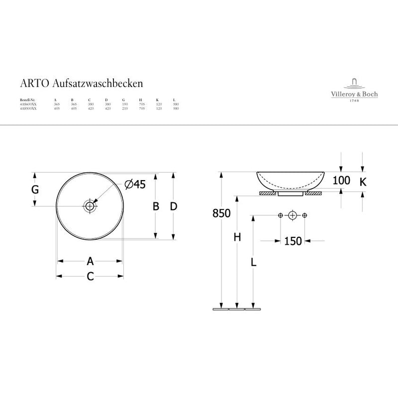 VILLEROY & BOCH - Aufsatzwaschbecken rund 380mm ohne Hahnloch mit Überlauf weiß