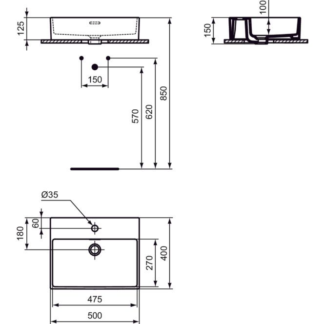 Ideal Standard - Aufsatzwaschtisch EXTRA, 1 Hl., o.Ül., 500x400x125mm, Weiß mit IdealPlus