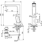Ideal Standard - WT-Armatur EDGE, 5 l/min, m.Ablgarn., m.hohem schwenkb.Ausl.,Ausld.140mm,Chrom