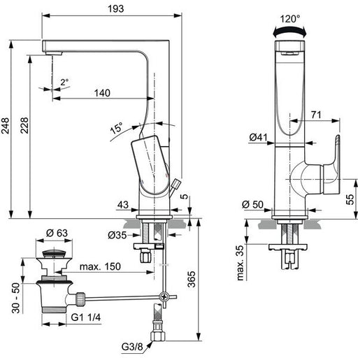 Ideal Standard - WT-Armatur EDGE, 5 l/min, m.Ablgarn., m.hohem schwenkb.Ausl.,Ausld.140mm,Chrom
