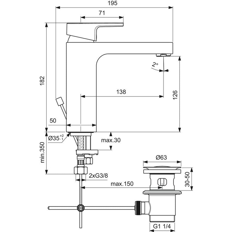 Ideal Standard - Waschtischarmatur EDGE, Grande, 5 l/min., m.Ablgarn., Ausld.138mm, Chrom