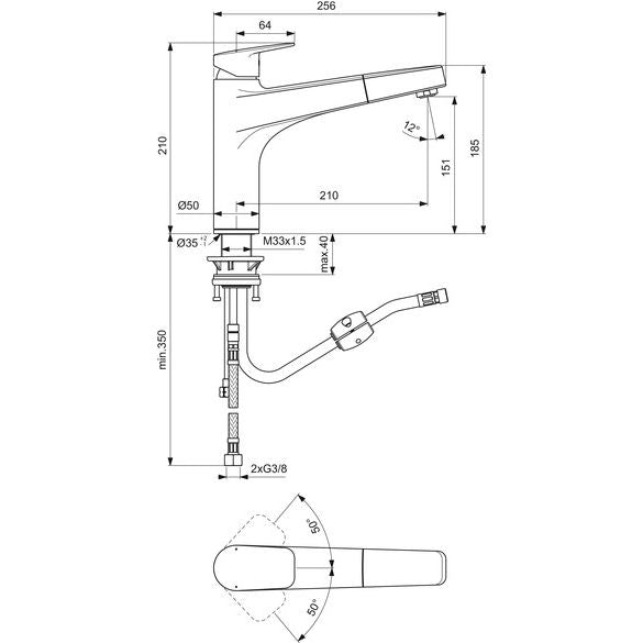 Ideal Standard - Küchenarmatur CERAPLAN m.h.Auslauf Ausld.210mm 1-Funktions-Handbrause Chrom