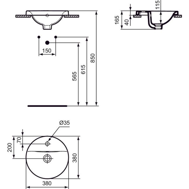 Ideal Standard - Einbauwaschtisch CONNECT, rund, 1Hl., m.Ül., 380x380x165mm, Weiß