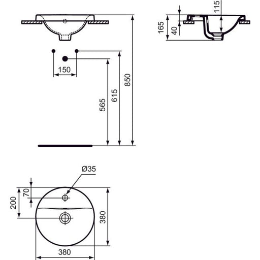 Ideal Standard - Einbauwaschtisch CONNECT, rund, 1Hl., m.Ül., 380x380x165mm, Weiß