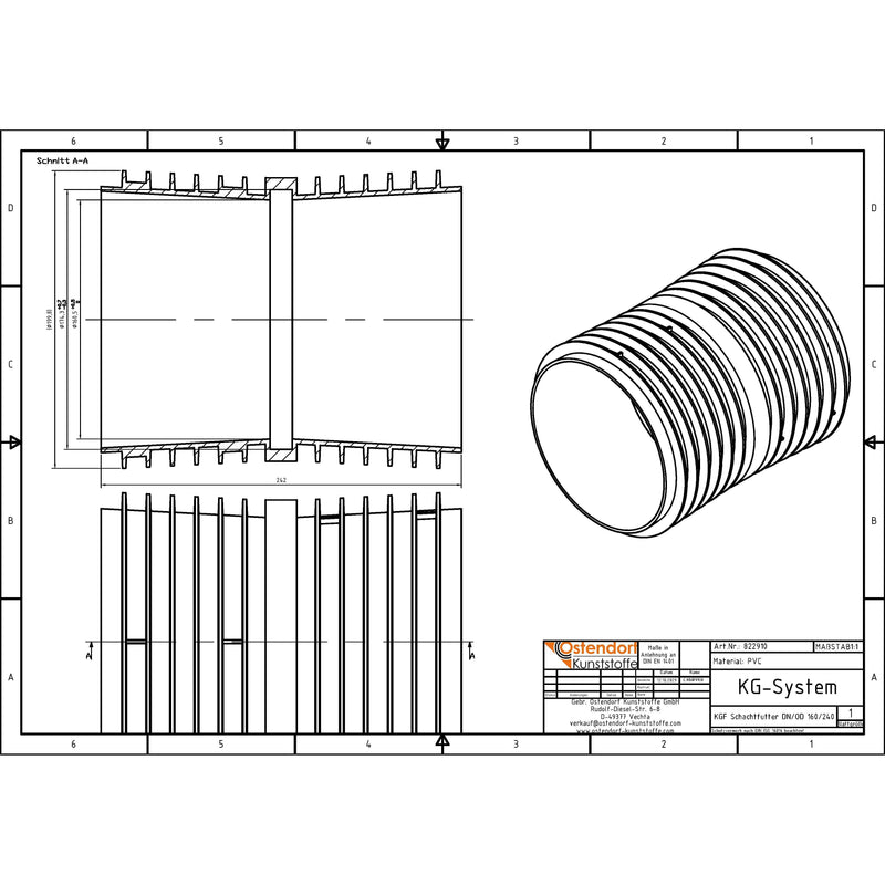 Gebr. Ostendorf - Schachtfutter DN 160x240mm aus PVC m.1 Rollring