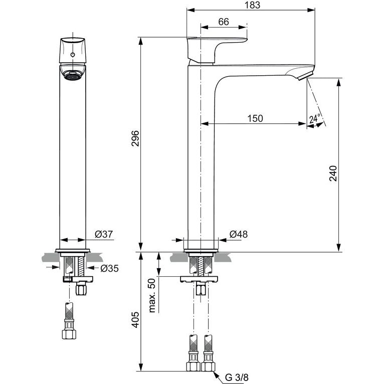 Ideal Standard - WT-Armatur CONNECT AIR m.verl. Sockel 5 l/min., o.Ablgarn., Ausld.150mm, Chrom