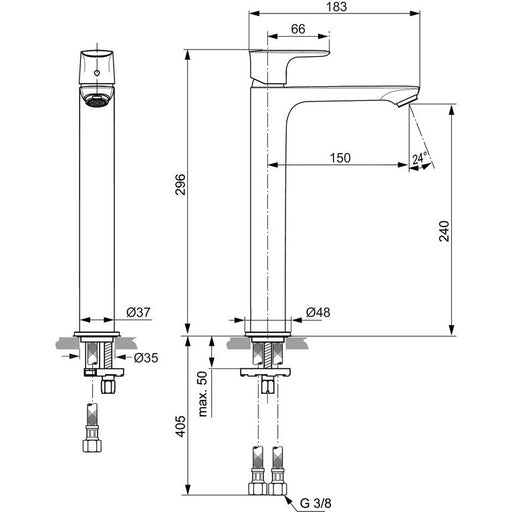 Ideal Standard - WT-Armatur CONNECT AIR m.verl. Sockel 5 l/min., o.Ablgarn., Ausld.150mm, Chrom