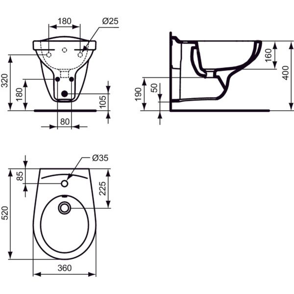 Ideal Standard - Wandbidet EUROVIT, 1 Hl., 360x520x400mm, Weiß