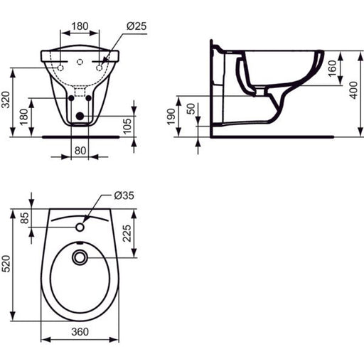 Ideal Standard - Wandbidet EUROVIT, 1 Hl., 360x520x400mm, Weiß