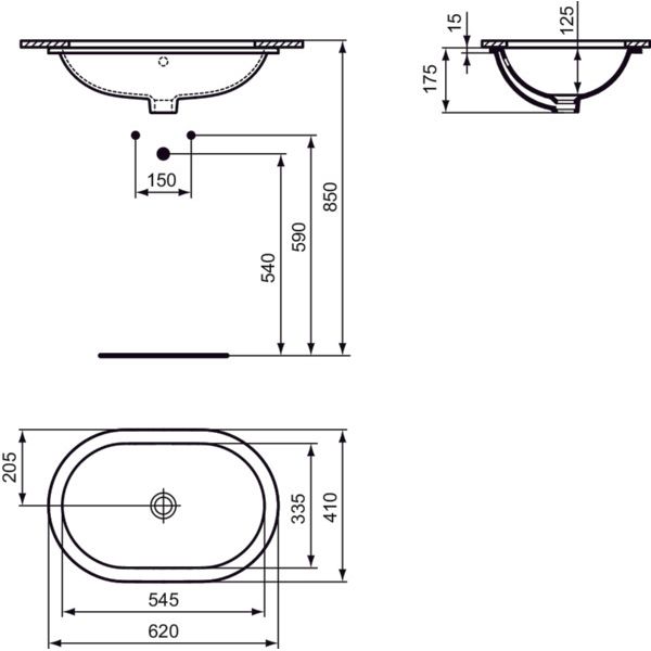 Ideal Standard - Unterbauwaschtisch CONNECT, oval, o.Hl., m.Ül., 620x410x175mm, Weiß