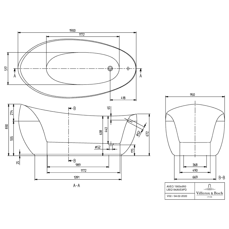 VILLEROY & BOCH - Badewanne AVEO UBQ194AVE9PDV 1900x950 Spez. Form Quaryl weiß alpin