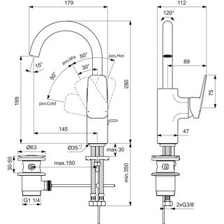 Ideal Standard - Waschtischarmatur CERAPLAN H220 m.Ablaufgarn. Ausld.145mm Chrom