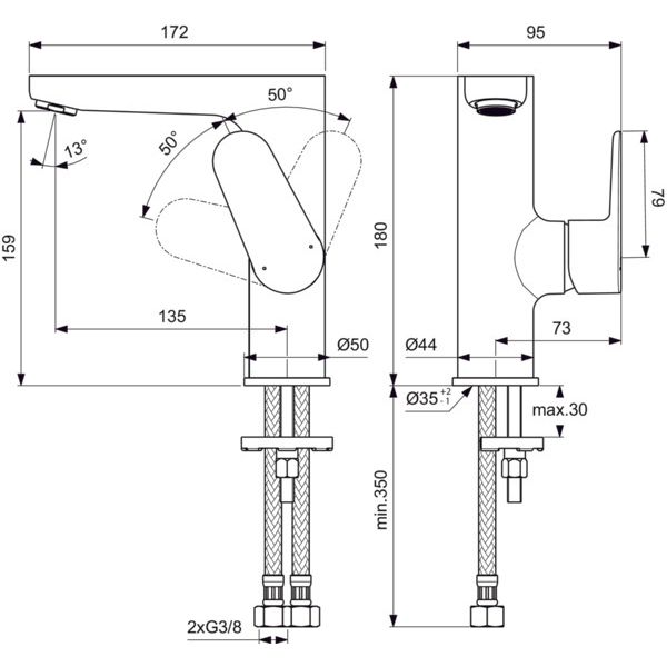 Ideal Standard - Waschtischarmatur CERAFINE O, H155, o.Ablgarn., Ausld.136mm, Chrom