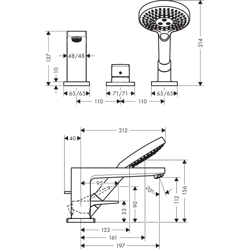 Hansgrohe - 3-Loch Wannenmischer METROPOL F-Set chrom Wannenrandmontage