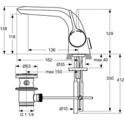 Ideal Standard - Waschtischarmatur MELANGE,m.Ablgarn., CU-Rohren, Ausld. 136mm, Chrom