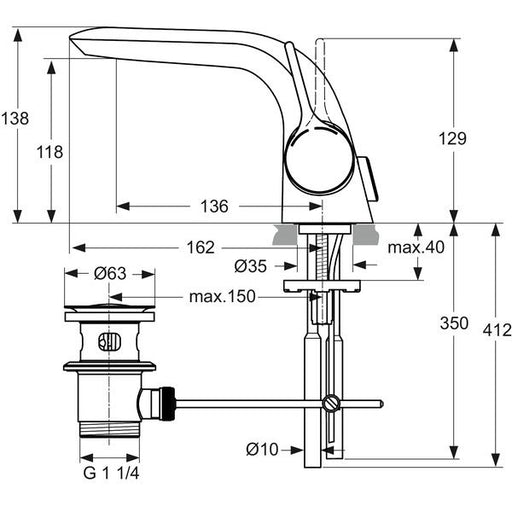 Ideal Standard - Waschtischarmatur MELANGE,m.Ablgarn., CU-Rohren, Ausld. 136mm, Chrom